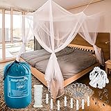FREILUFTRAUM Moskitonetz für Doppelbetten mit Vier Öffnungen I Insektennetz Reise Moskitoschutz Netz weiß 200x220x200cm